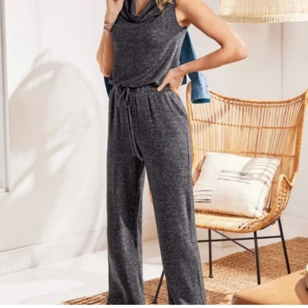 Soft Surroundings Jumpsuit Grey Black Marabella Cowl Neck Drawstring Large